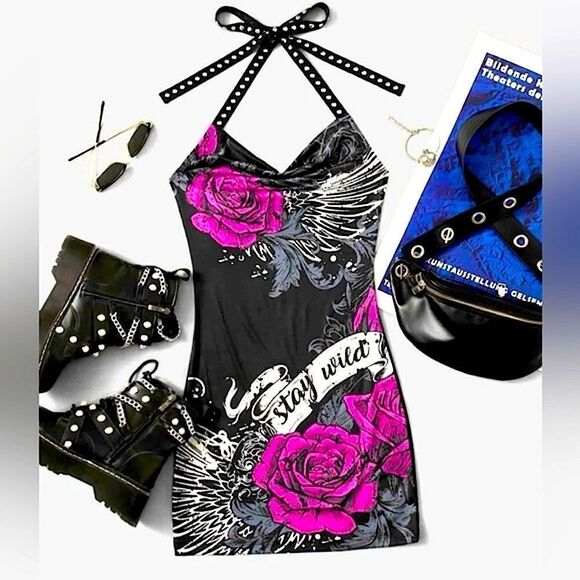 SHEIN l “Stay Wild” Silver-Studded Tie-Back Halter BodyCon Dress l IX l New - Picture 9 of 14